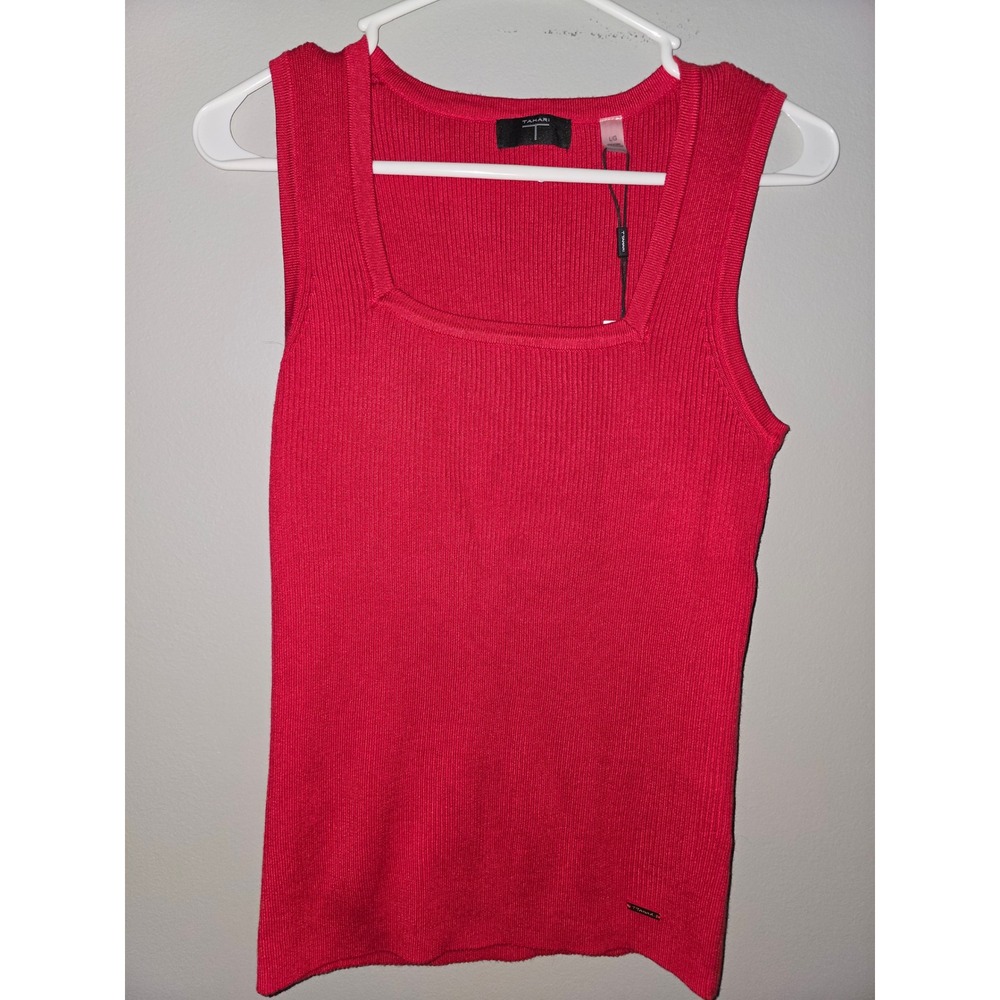Tahari Apple Red Ribbed Square Neck Tank Top TH52306 L/G NEW